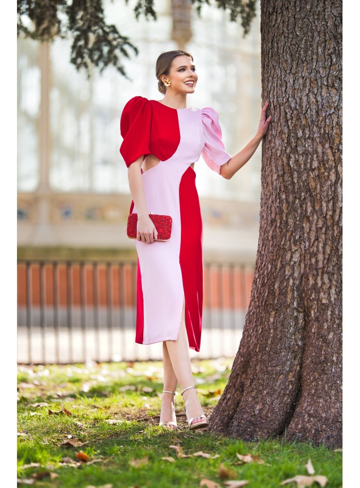 Bicolor midi dress with cut-out for guest