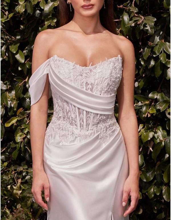 Satin wedding dress with lace and bare shoulder 2