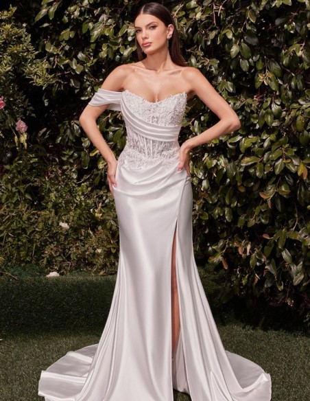 Satin wedding dress with lace and bare shoulder