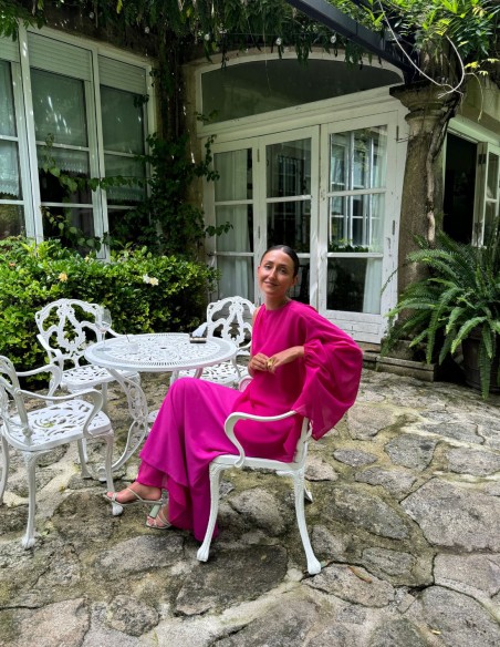 Long party dress with spaghetti straps and chiffon cape