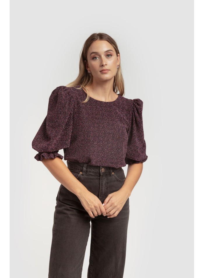 Black lurex blouse with puffed sleeves and...