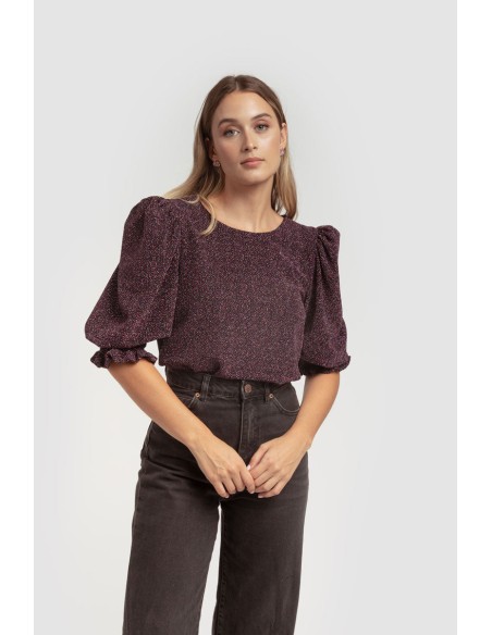 Chemisier en lurex noir à manches bouffantes et à volants