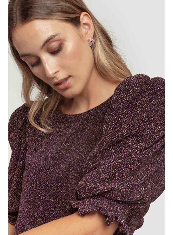 Black lurex blouse with puffed sleeves and...