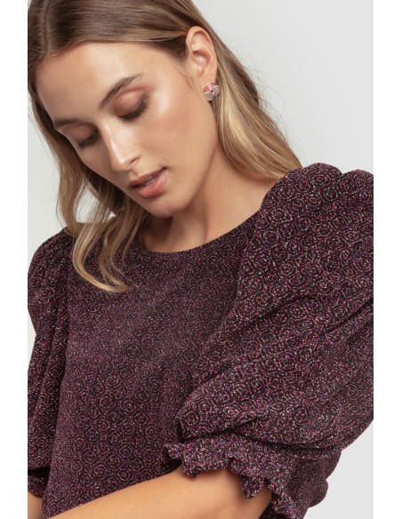 Black lurex blouse with puffed sleeves and ruffle details
