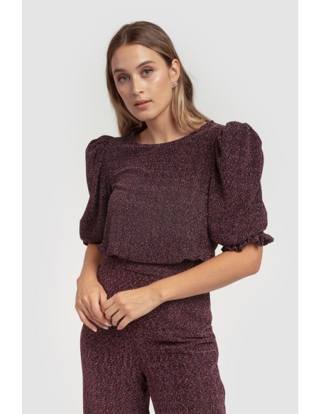 Black lurex blouse with puffed sleeves and ruffle details