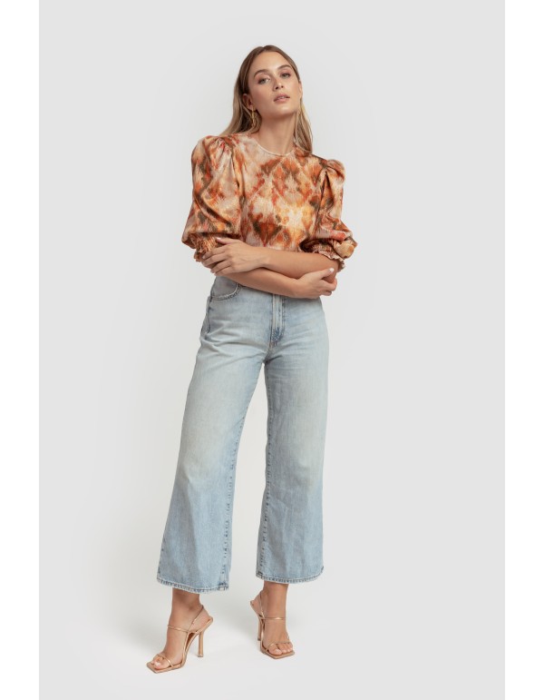 Blouse à manches bouffantes en maille lurex orange