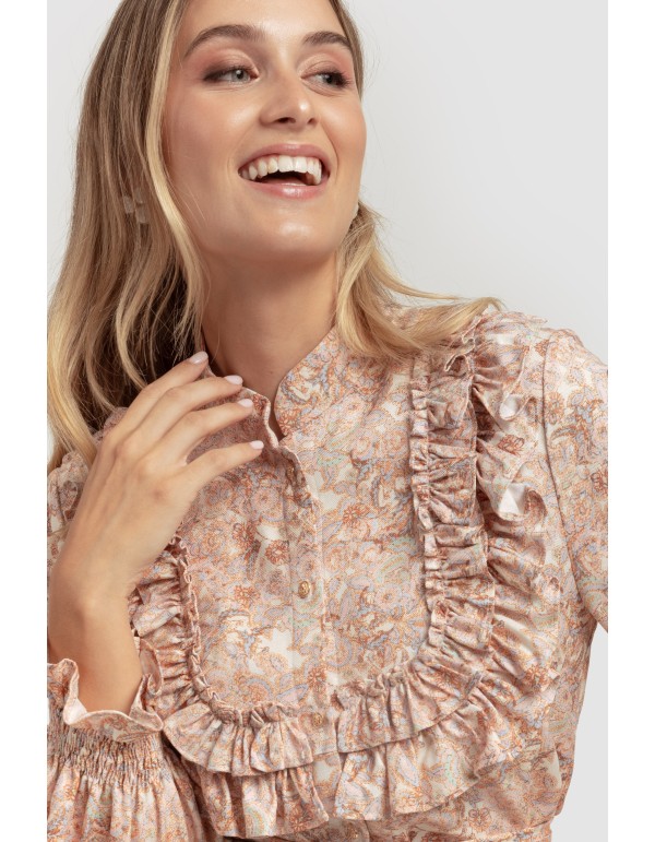 Robe rose à imprimé floral avec volants et manches longues 2