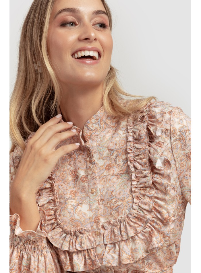 Pink floral print dress with ruffles and long...