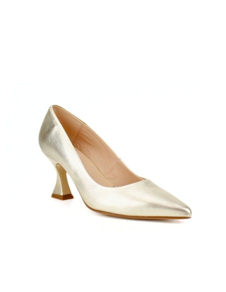 Metallic trapeze style heeled shoe with pointed toe finish