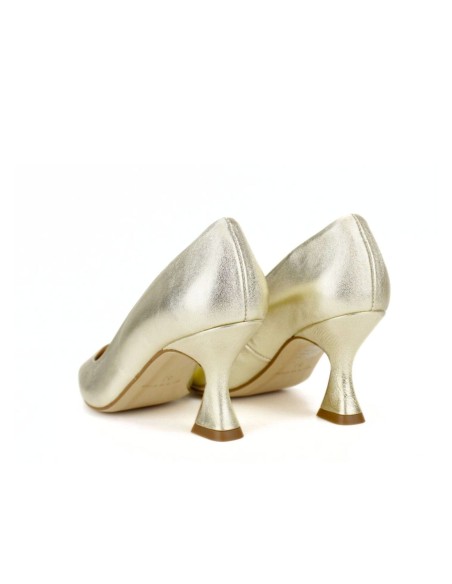 Metallic trapeze style heeled shoe with pointed toe finish