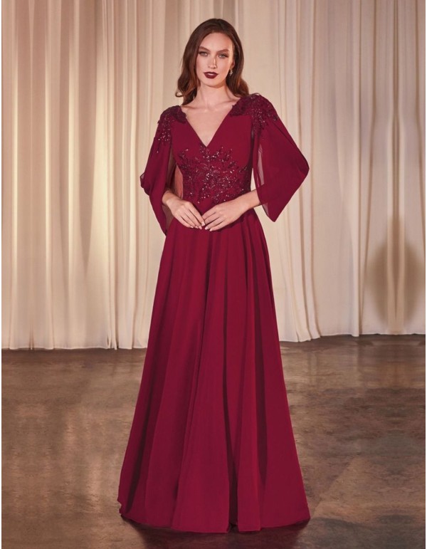 Long chiffon guest dress with open sleeves and rhinestone... 2