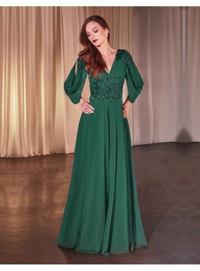 Long chiffon guest dress with open sleeves and...