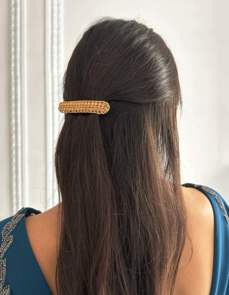 Barrette plaquée or avec cristaux roses en forme de petites feuilles