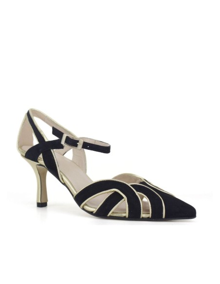 Black low heel shoes with gold details