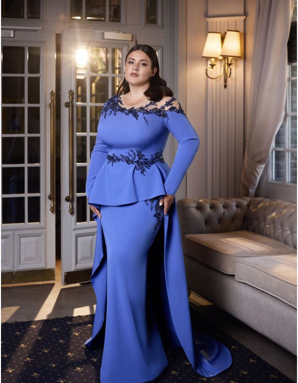 Vestido de fiesta largo con corpiño asimétrico y bordados azul 2