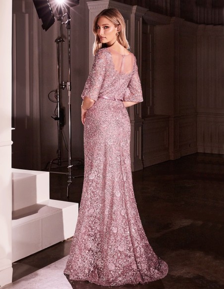 Robe de soirée longue pour invitée en dentelle avec manches françaises