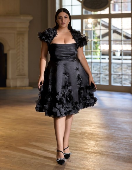 Gown dress for guest with 3D flowers and removable bolero