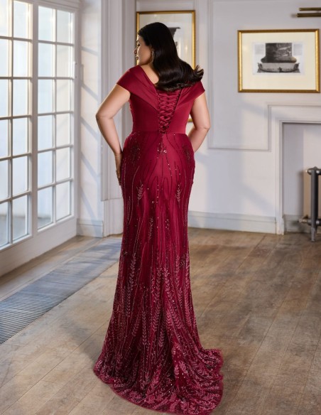 Long ball gown with satin bodice and guipure skirt