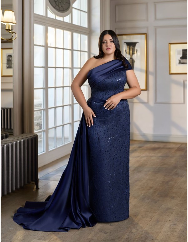 Long party dress with asymmetrical neckline and...