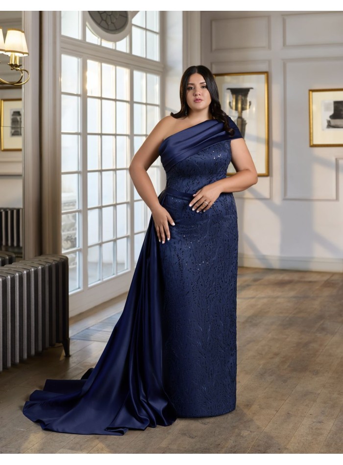 Long party dress with asymmetrical neckline and...