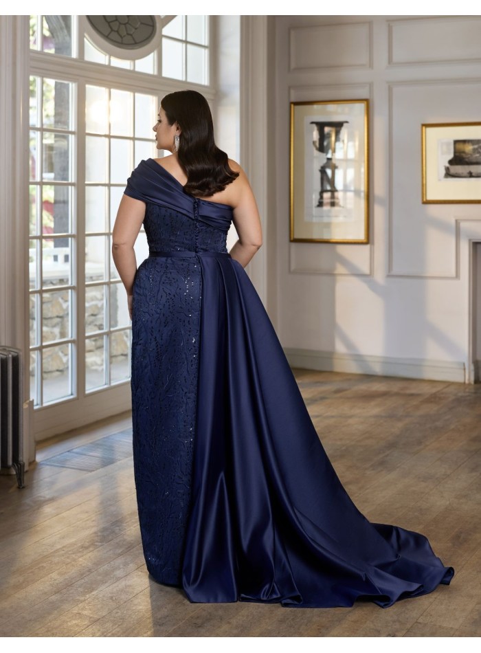 Long party dress with asymmetrical neckline and...