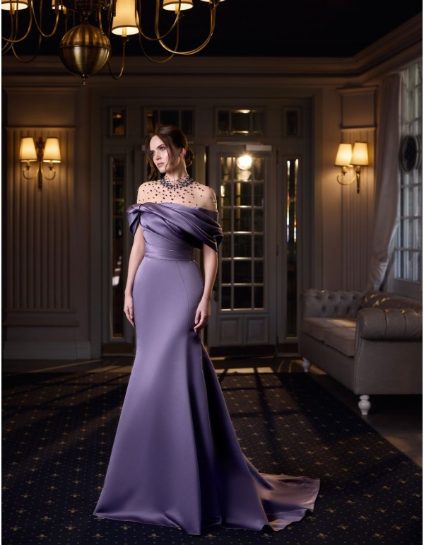 Long party dress with strapless bodice and rhinestone bolero