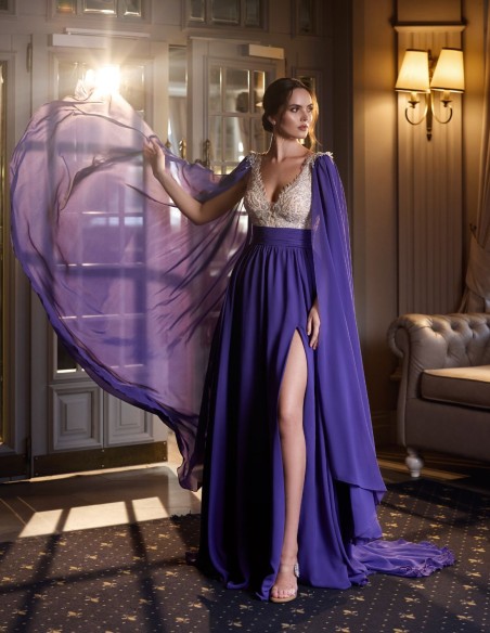 Vestido de fiesta largo con falda de gasa y corpiño bordado