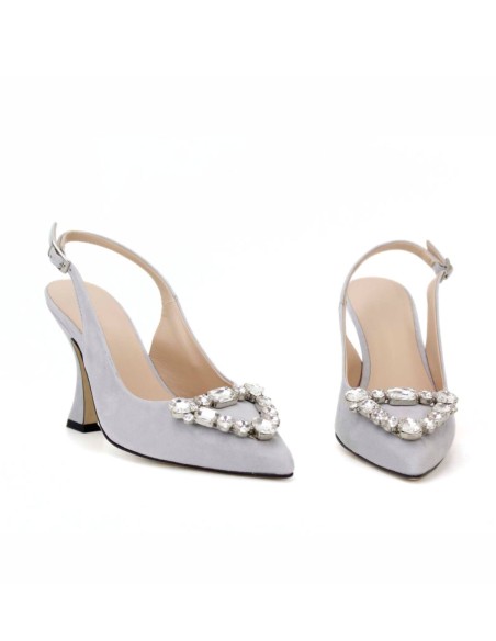Escarpins à talons en daim gris avec détails en strass