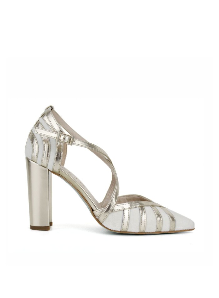 Wide heeled shoe in metallic finish with...