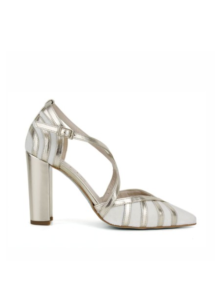 Chaussure à talon large en finition métallique avec brides croisées