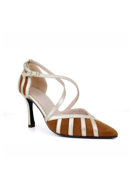 Metallic finish high heel shoes with crossed straps