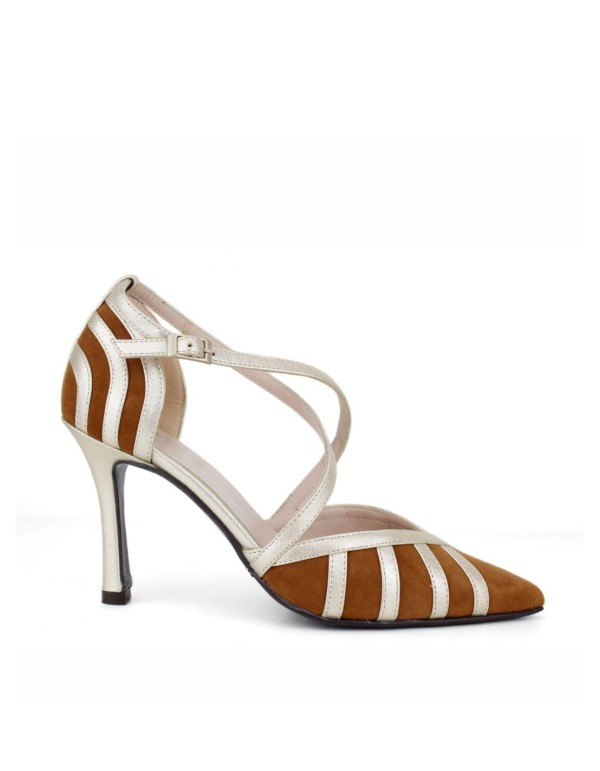 Metallic finish high heel shoes with crossed straps