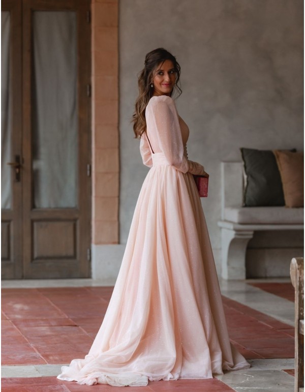 Vestido largo de fiesta con cuerpo plisado y escote en V brillante - INVITADA PERFECTA EMABRIDE - 2