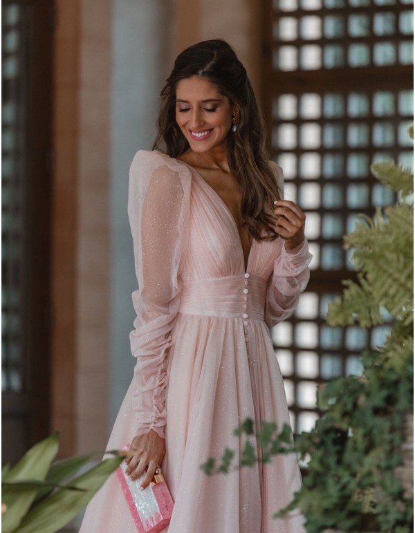 Vestido largo de fiesta con cuerpo plisado y escote en V brillante - INVITADA PERFECTA EMABRIDE - 2 2