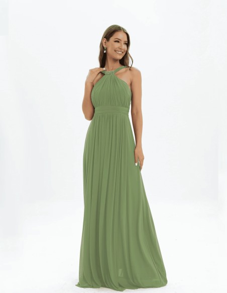 Vestido largo de fiesta con escote halter y detalles de pedrería