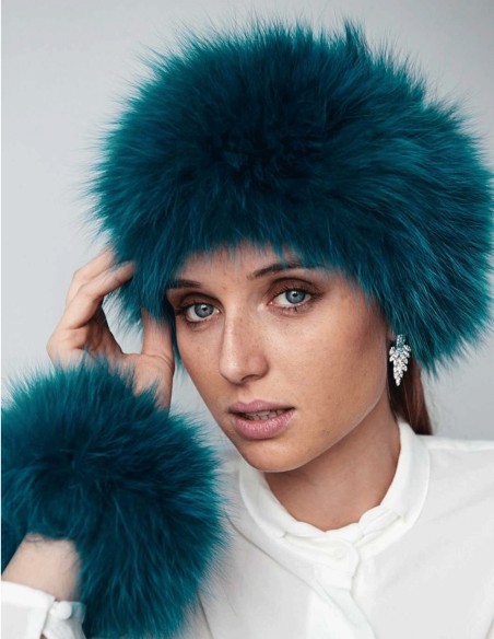 Cuello y Puños de Piel Natural de Zorro Multiposición azul