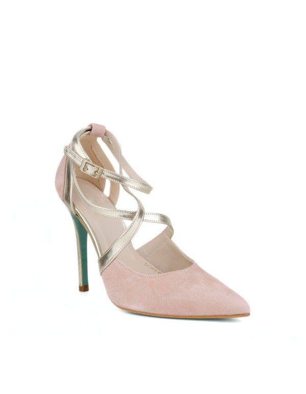 Zapato de tacón fino en ante rosa con tiras cruzadas 2