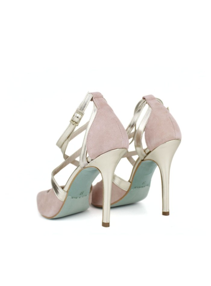 Pink suede high heel shoes with crossed straps