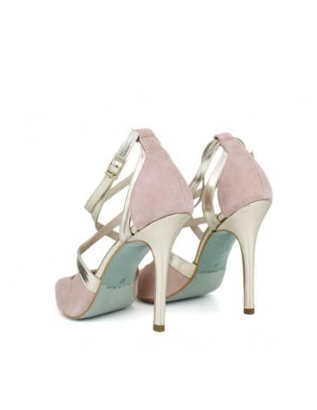 Pink suede high heel shoes with crossed straps
