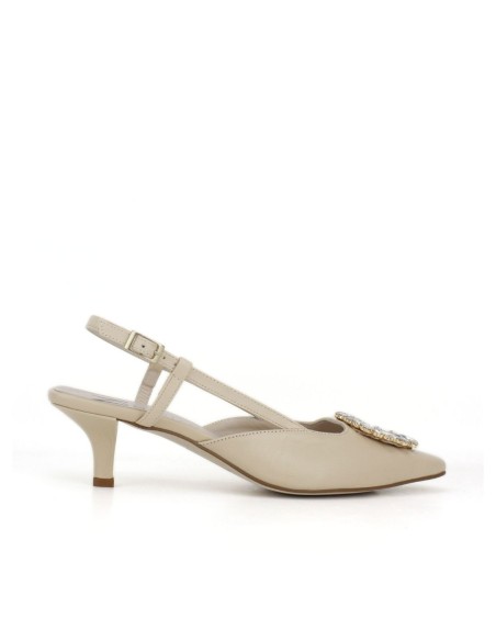 Beige suede heeled shoes with rhinestones detail