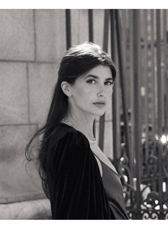 Black velvet midi coat with crossover neckline