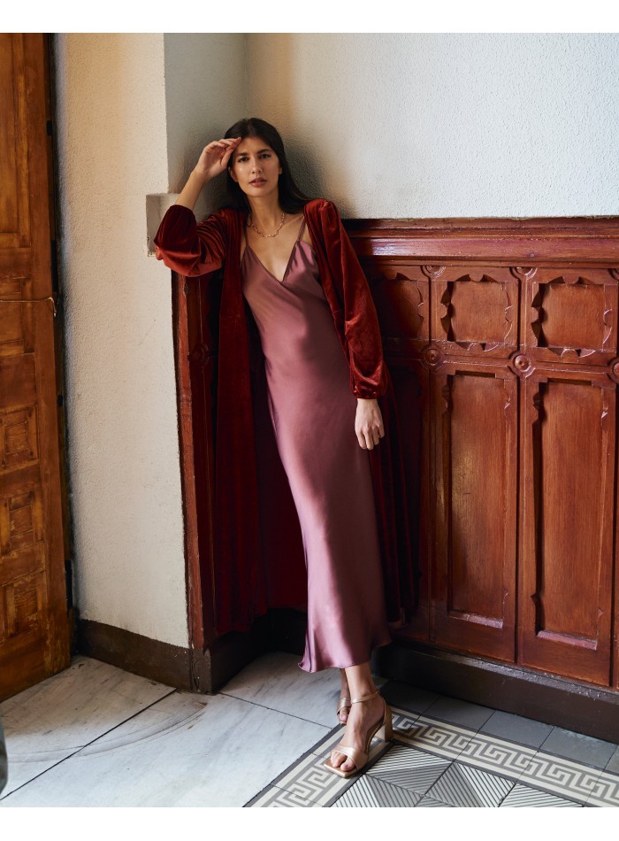 Brown velvet midi coat with crossover neckline