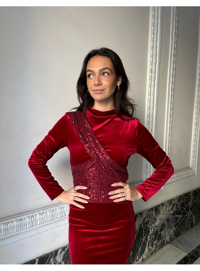 Vestido midi de fiesta en terciopelo y lentejuelas