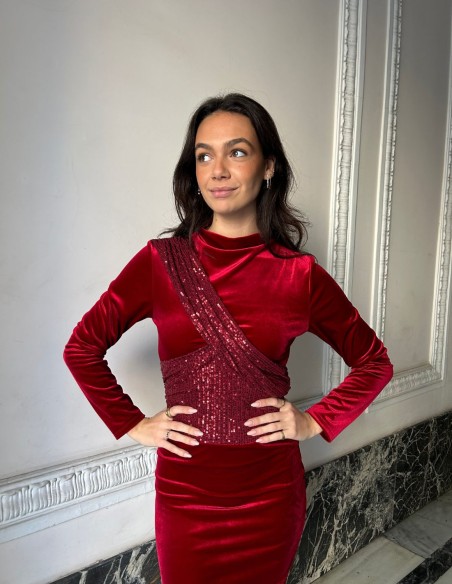 Midi party dress in velvet and sequins