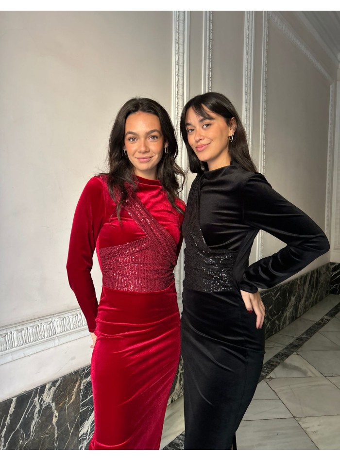 Midi party dress in velvet and sequins