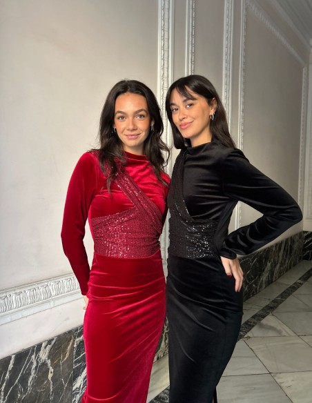Vestido midi de fiesta en terciopelo y lentejuelas