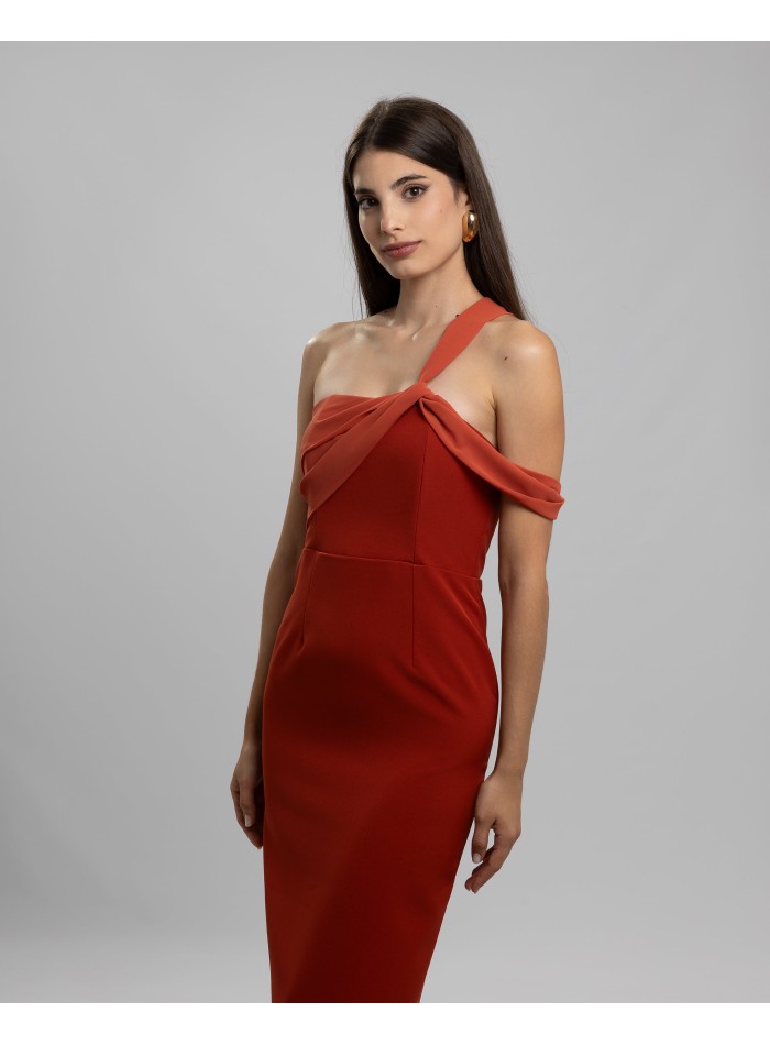 Long tile party dress with asymmetrical chiffon...