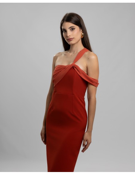Long tile party dress with asymmetrical chiffon neckline