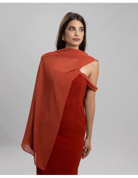 Long tile party dress with asymmetrical chiffon neckline