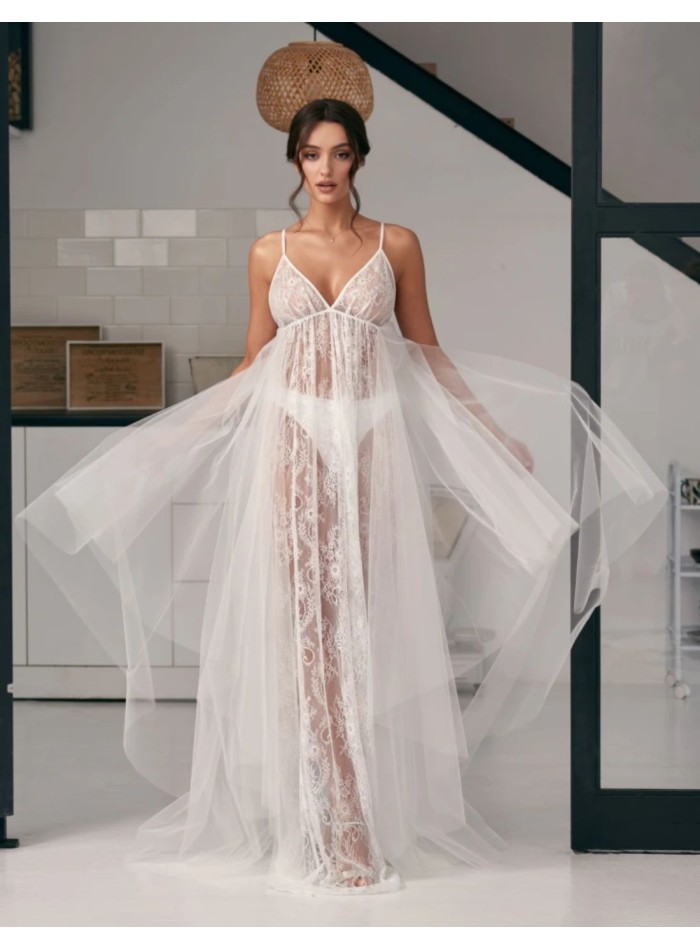 Ivory chiffon and lace bridal gown with straps